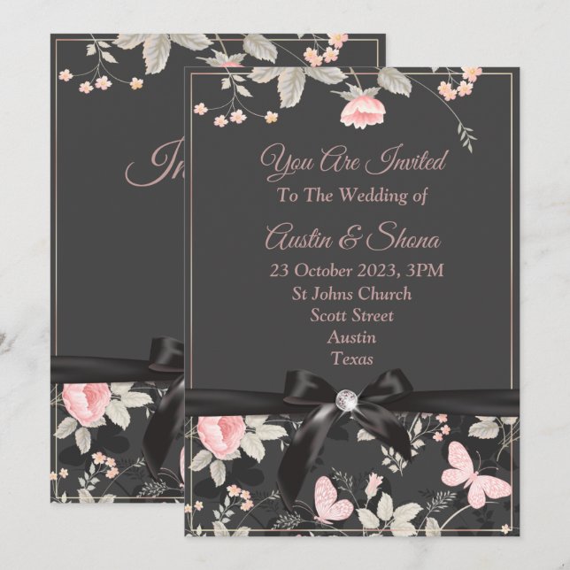 Invitation de mariage élégante, rose, ruban, marbr (Devant / Derrière)