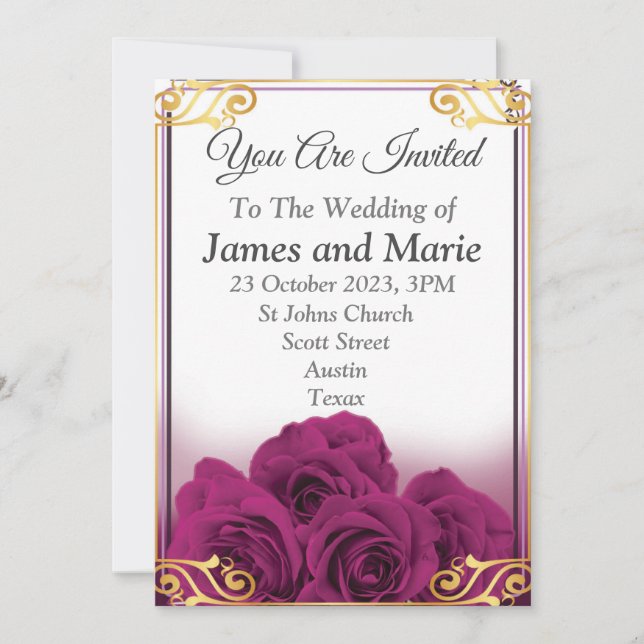 Invitation de mariage élégante, roses violettes (Devant)