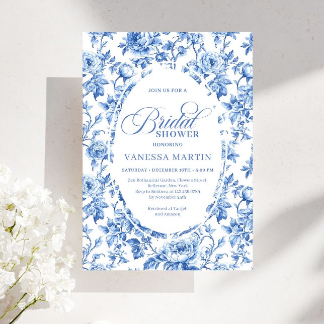 Invitation de mariage élégante toile bleue rose fl (Elegant Blue Toile Rose Floral Bridal Shower Invitation)