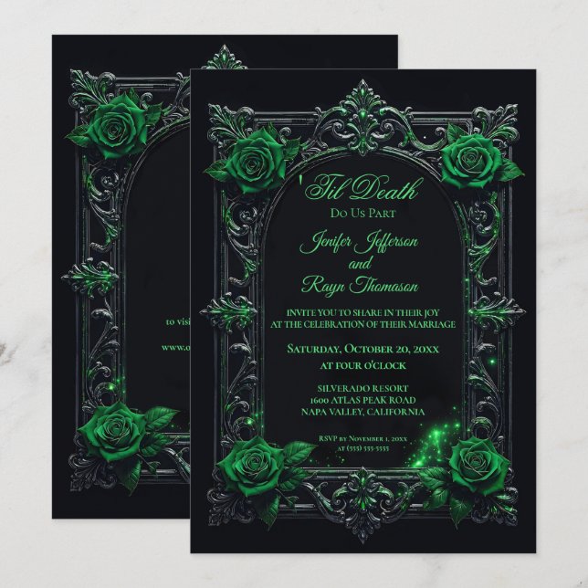 Invitation de mariage élégante verte gothique (Devant / Derrière)