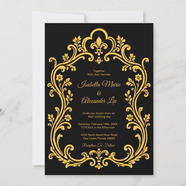 Invitation de mariage élégante victorienne noir et (Devant)