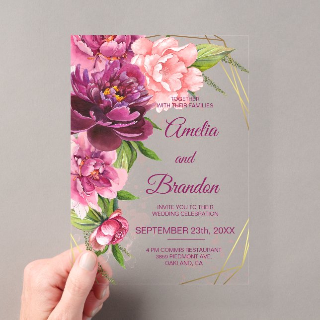 Invitation de mariage en acrylique aux fleurs de p (In situ (ordinateur de poche))