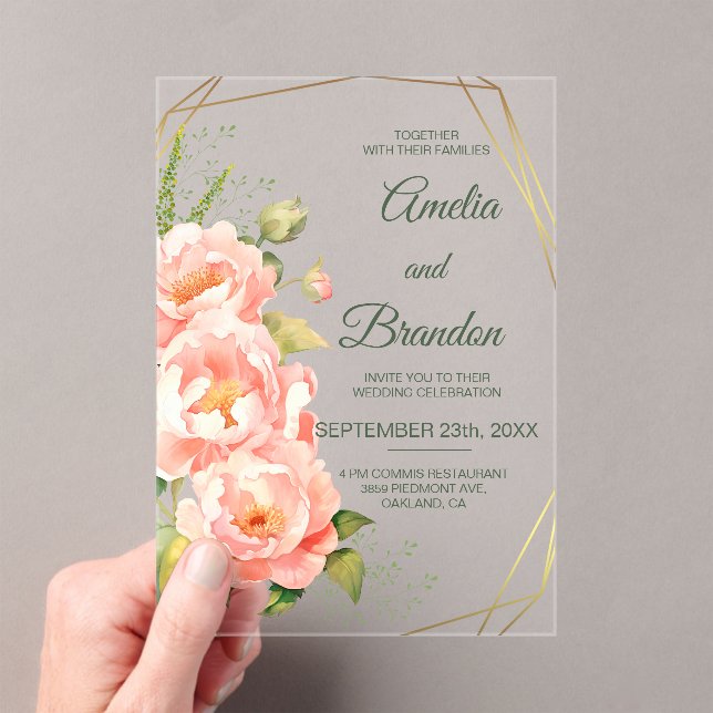 Invitation de mariage en acrylique aux pivoines fl (In situ (ordinateur de poche))