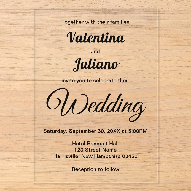 Invitation de mariage en acrylique avec typographi (Recto)