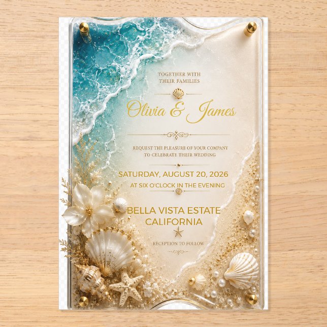 Invitation de mariage en acrylique doré de plage C (Recto)