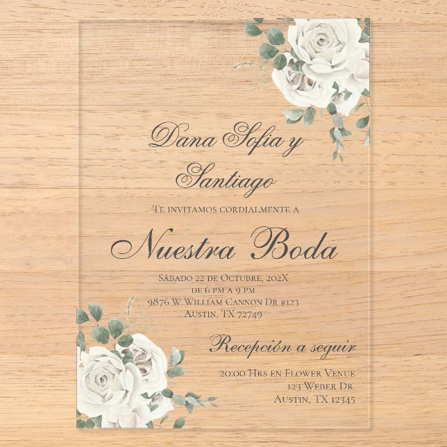 Invitation de mariage en acrylique espagnol élégan (Recto)