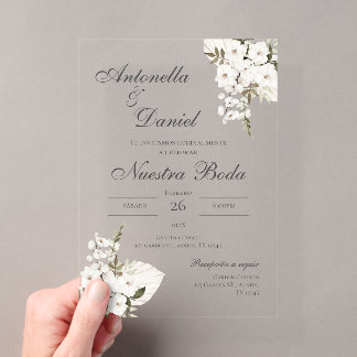 Invitation de mariage en acrylique florale blanche