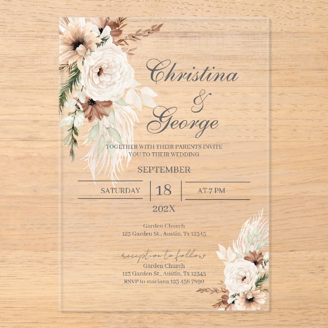Invitation de mariage en acrylique florale boho (Recto)