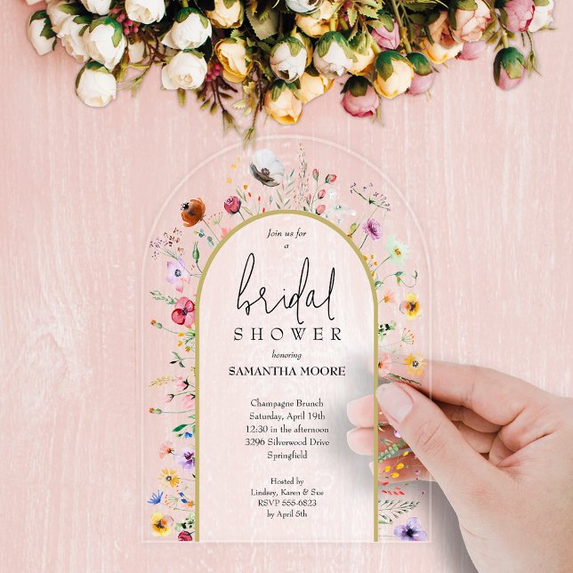 Invitation de mariage en acrylique pour la fête de (Wildflowers bridal shower arch-top acrylic invitations - order clear or frosted)