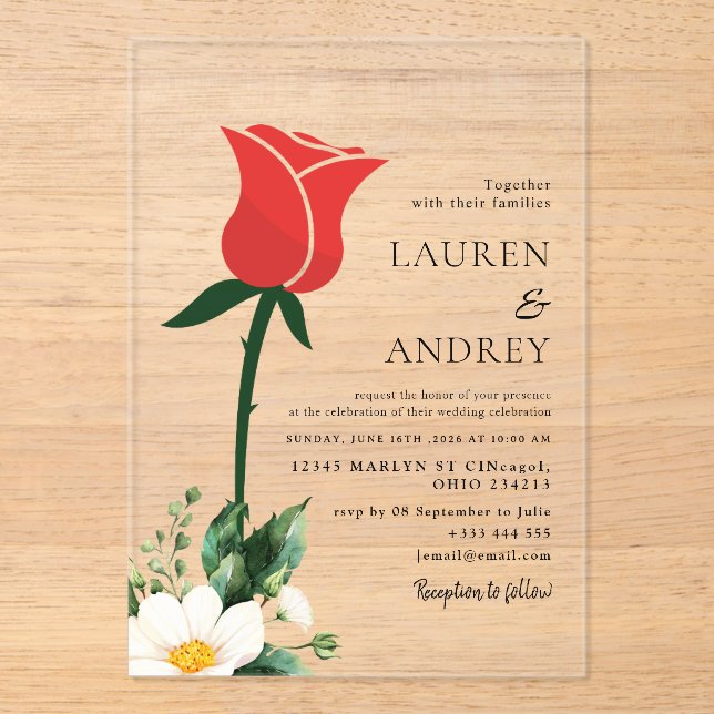 Invitation de mariage en acrylique Rose Rouge (Recto)