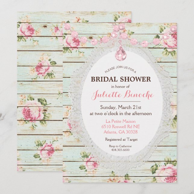 Invitation de mariage en bois floral shabby chic (Devant / Derrière)
