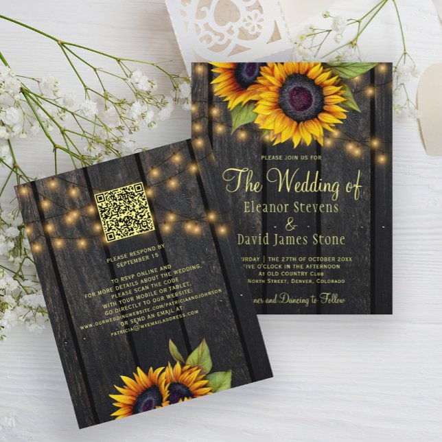 Invitation de mariage en bois rustique avec code Q (Créateur téléchargé)