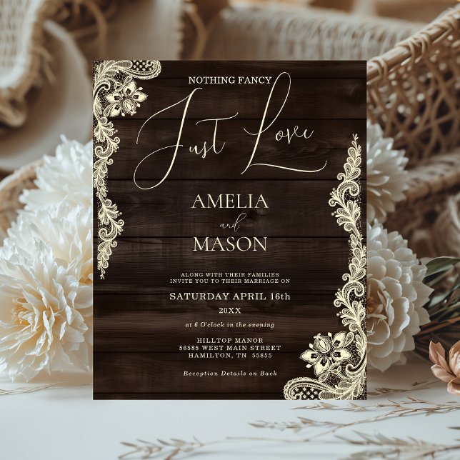 Invitation de mariage en bois rustique et élégante (Budget Rustic All in One Wood  and Lace Nothing Fancy Just Love Wedding Invitation)