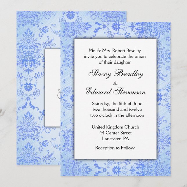 Invitation de mariage en damas bleu (Devant / Derrière)