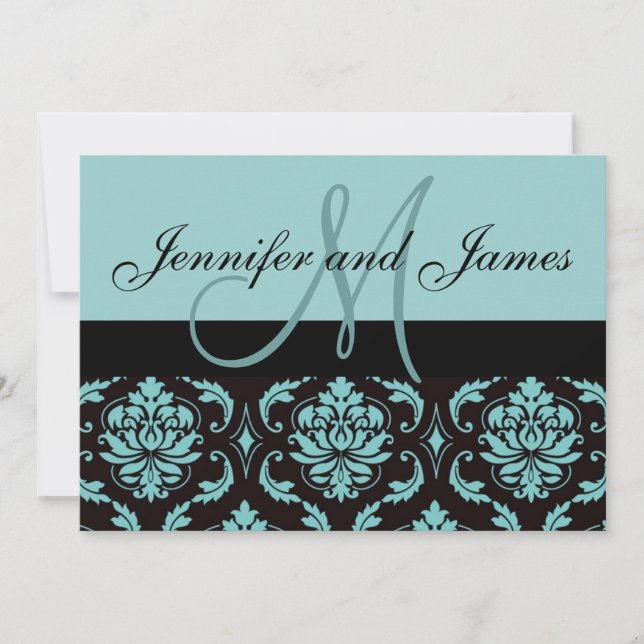 Invitation de mariage en damas bleu avec monogramm (Devant)