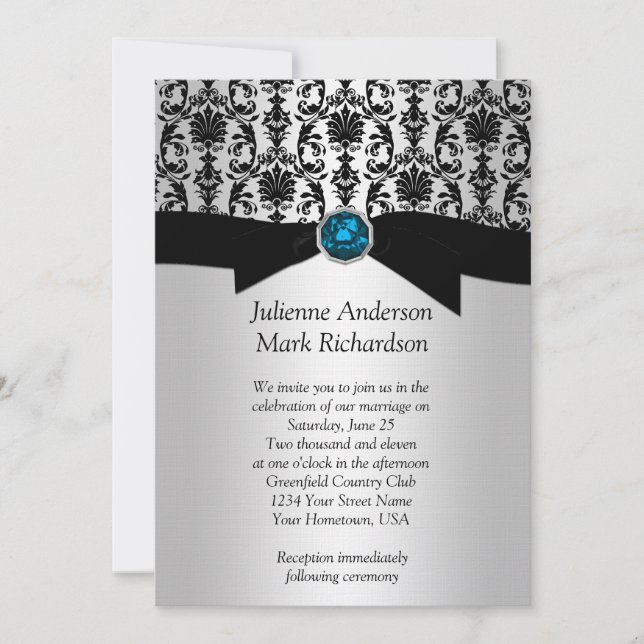 Invitation de mariage en damas noir turquoise arge (Devant)