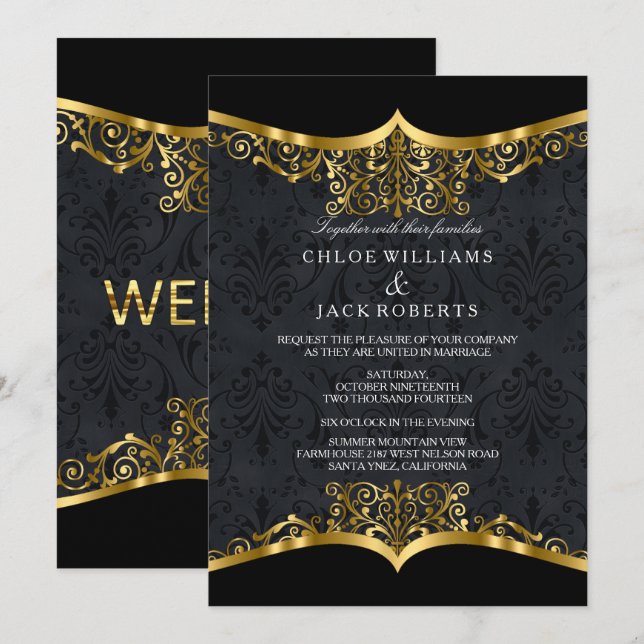 Invitation de mariage en damas or noir (Devant / Derrière)