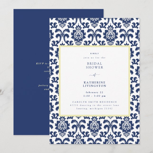 Invitation de mariage en damassé bleu et jaune (Devant / Derrière)