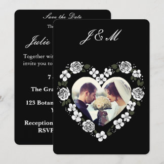 Invitation de mariage en forme de cœur floral noir