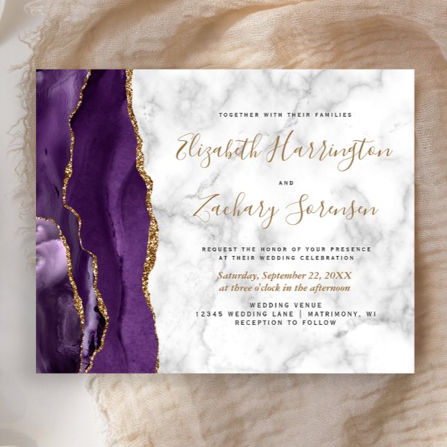 Invitation de mariage en marbre d'agate or violet  (Créateur téléchargé)