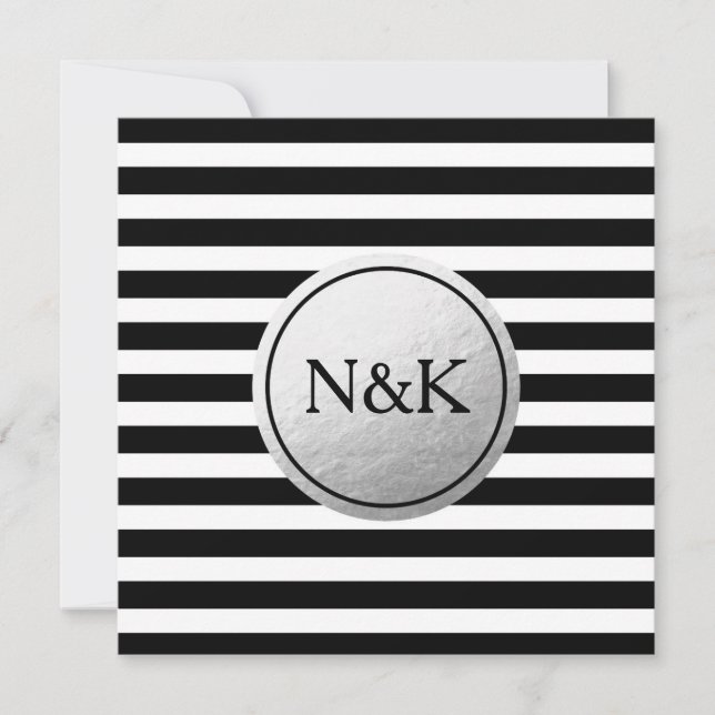 Invitation de mariage en papier argenté rayé noir  (Devant)