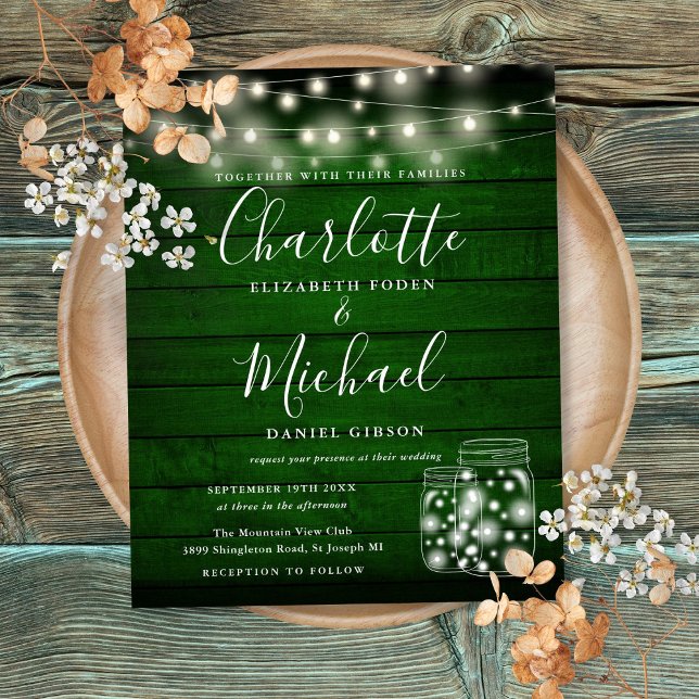 Invitation de mariage en pots de maçon en bois ver (Budget Green Wood Mason Jars Wedding Invitation)