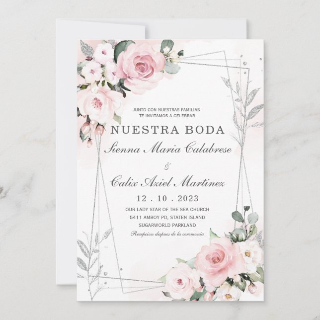 Invitation De mariage en rose poudré et gris (Devant)
