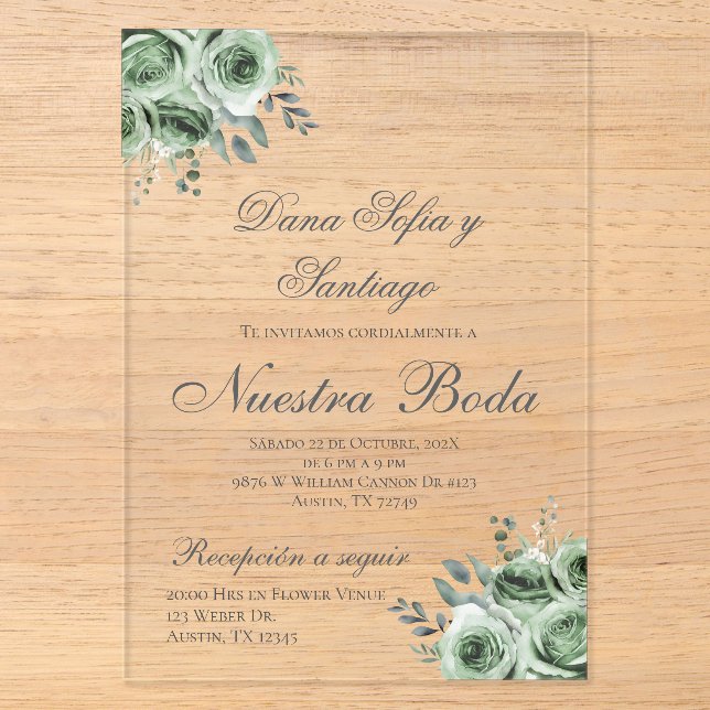 Invitation de mariage espagnol en acrylique avec v (Recto)