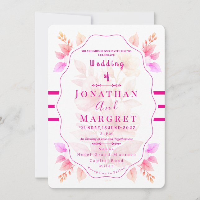 Invitation de mariage esthétique florale rose clas (Devant)