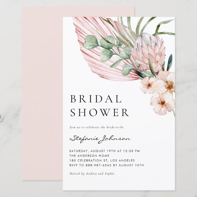 Invitation de mariage estival à l'aquarelle rose P (Devant / Derrière)