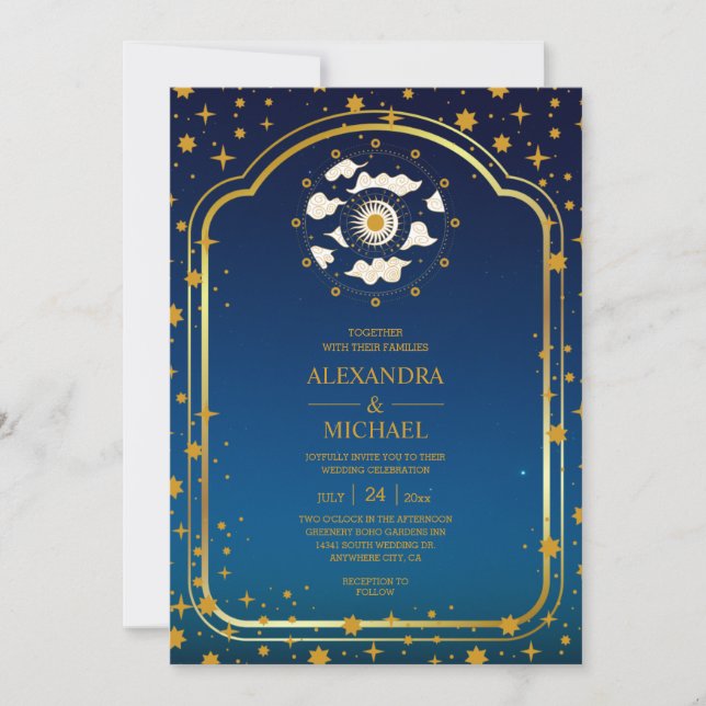 Invitation de mariage étoiles célestes bleu mystiq (Devant)