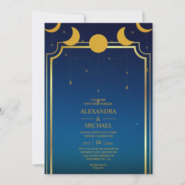 Invitation de mariage Étoiles célestes Or Bleu Mys (Devant)