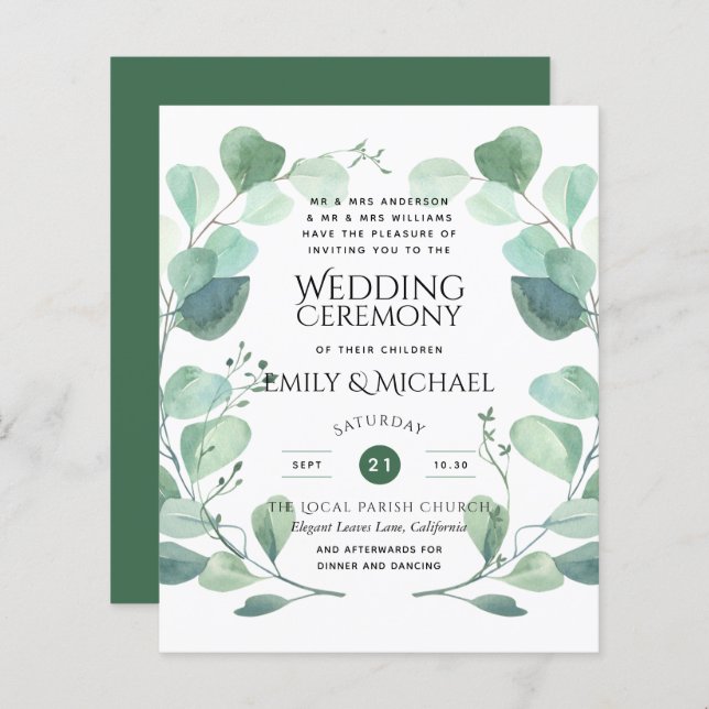 Invitation de mariage Eucalyptus Budget Vert (Devant / Derrière)