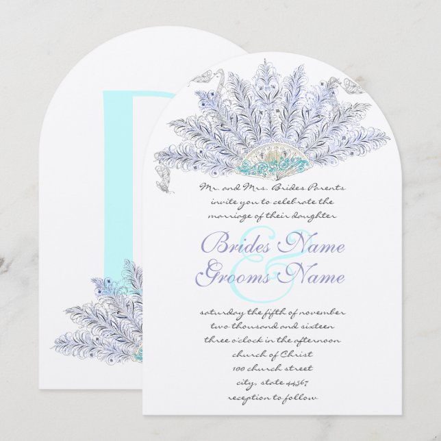 Invitation de mariage éventail à plumes vintage (Devant / Derrière)
