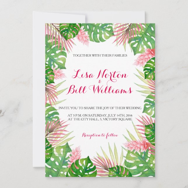 Invitation de mariage feuille d'aquarelle tropical (Devant)