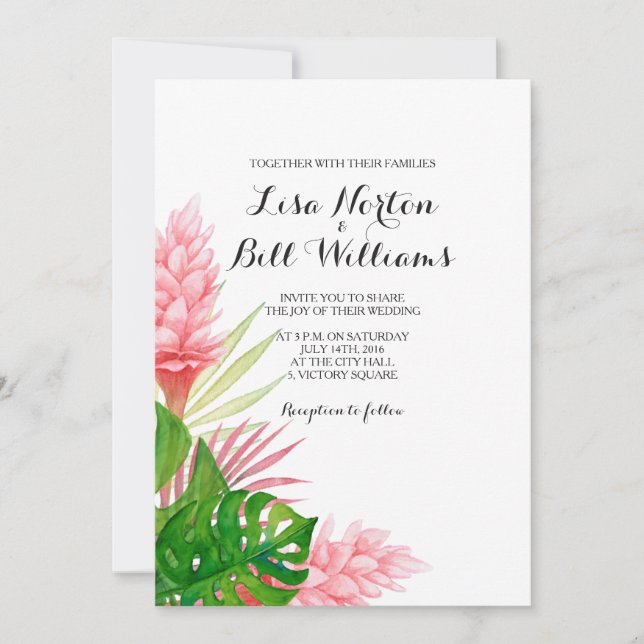 Invitation de mariage feuille d'aquarelle tropical (Devant)