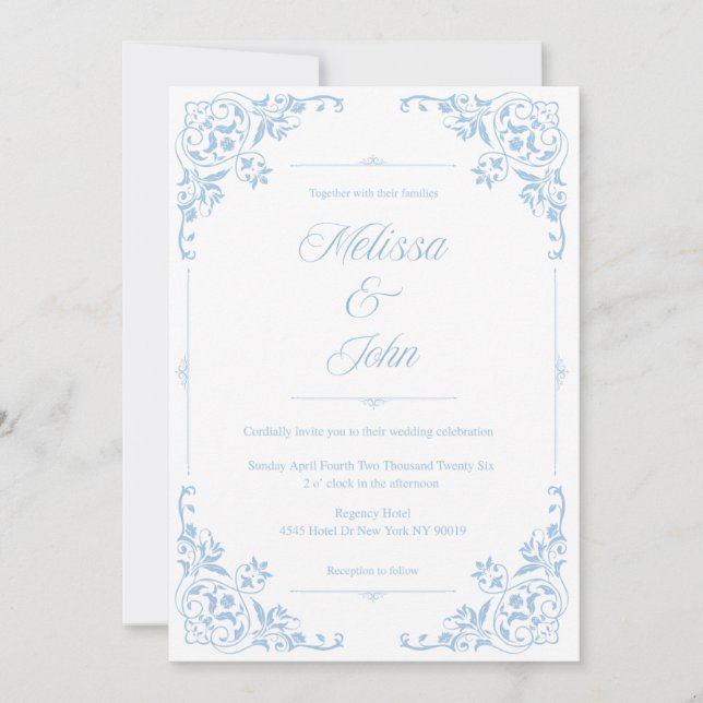 Invitation de mariage filigranée bleue de style ca (Devant)
