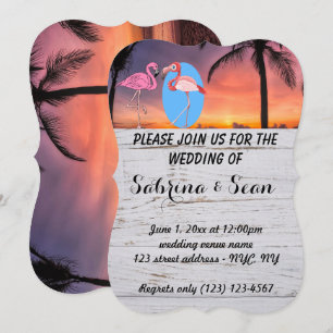 Invitation de mariage flamant rose de plage romant