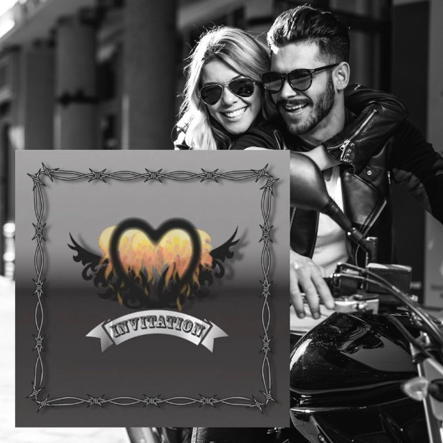 Invitation de mariage Flames Heart RockNRoll Biker (Flames Heart RockNRoll Biker Wedding Invitation)