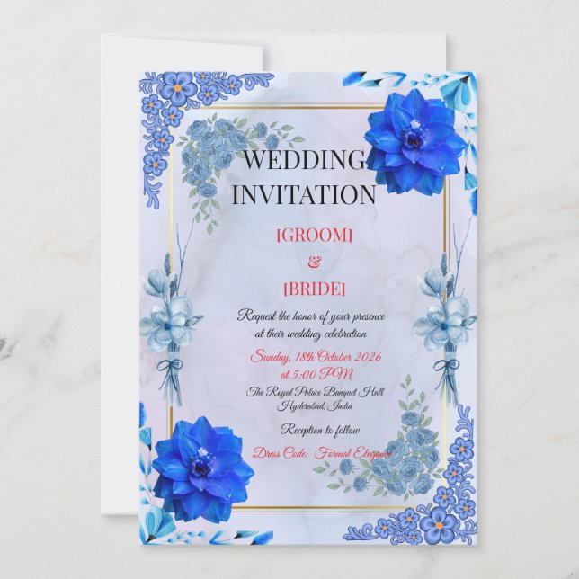 Invitation de mariage Fleur aquarelle marine (Devant)