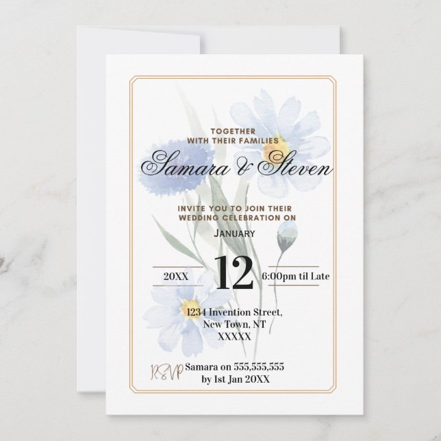 Invitation de mariage Fleur de couleur d'eau bleue (Devant)