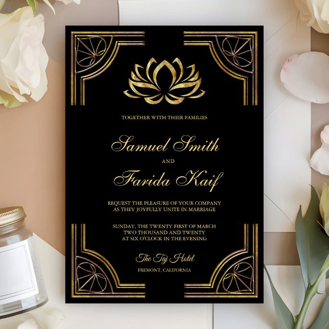 Invitation de mariage Fleur de Lotus Noir Élégant  (Créateur téléchargé)