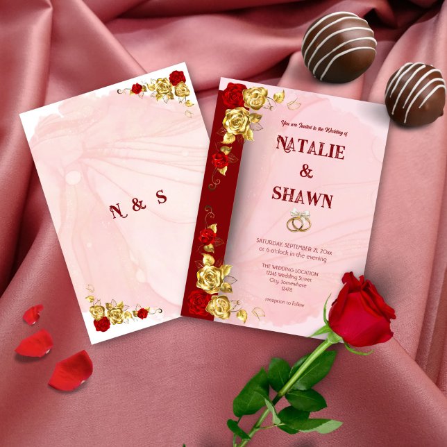 Invitation de mariage Fleur de Rose Or Rouge Enreg (Créateur téléchargé)