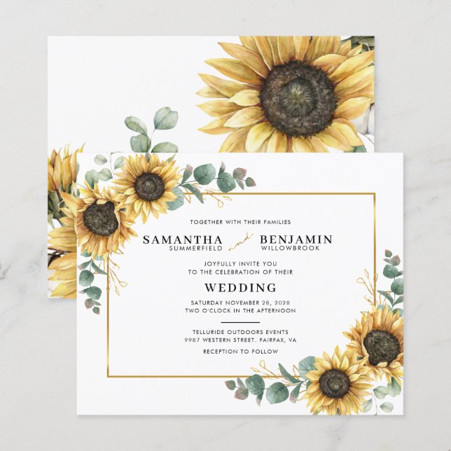 Invitation de mariage Fleur de Tournesol Eucalyptu (Devant / Derrière)