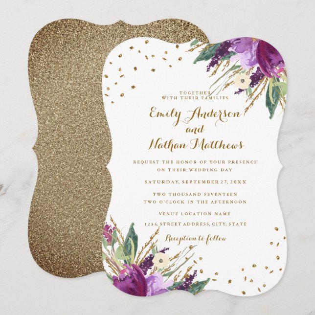 Invitation de mariage Fleur Or Violet Aquarelle (Devant / Derrière)