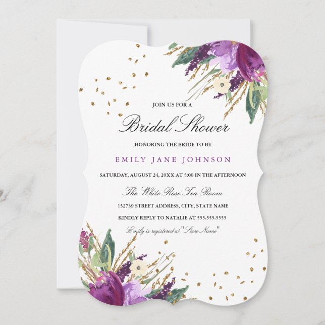 Invitation de mariage Fleur Or Violet Aquarelle (Devant)