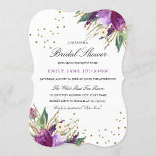 Invitation de mariage Fleur Or Violet Aquarelle