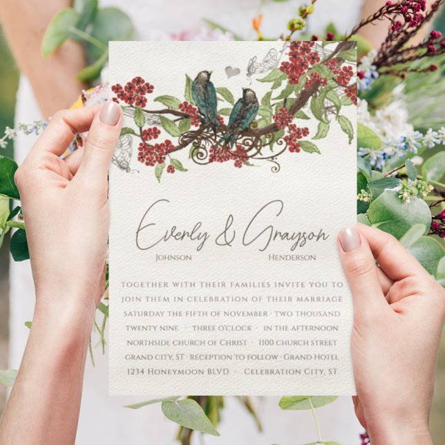 Invitation de mariage Fleur Rouge Branche Oiseaux  (Créateur téléchargé)