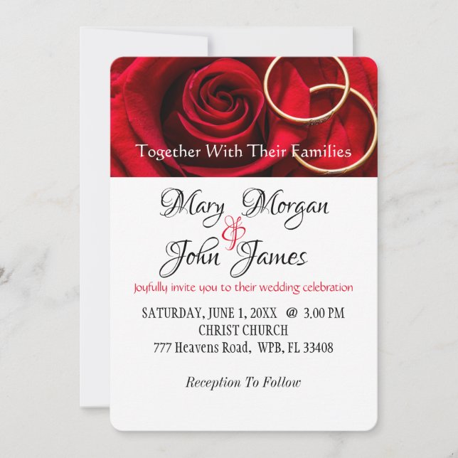 Invitation de mariage Fleur rouge rose avec anneau (Devant)
