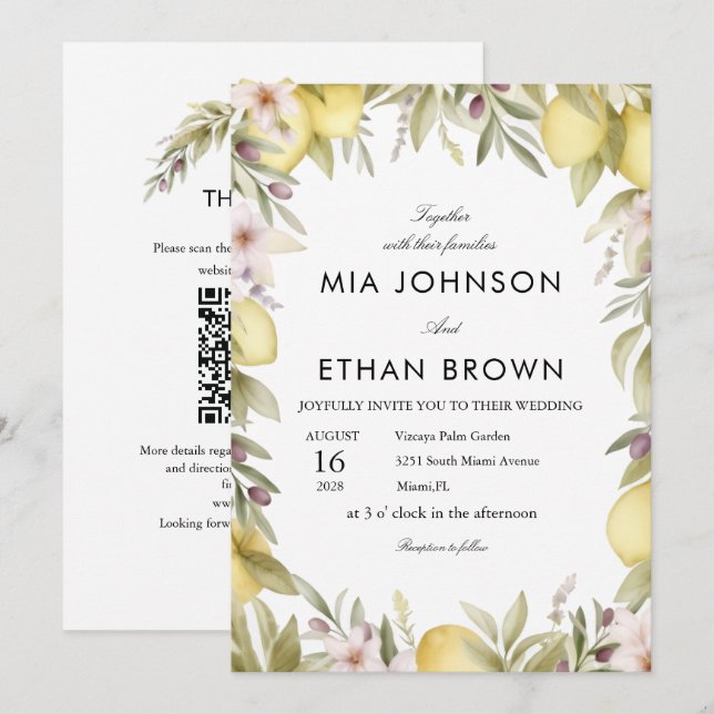 Invitation de mariage FLEUR VERTE CITRON (Devant / Derrière)